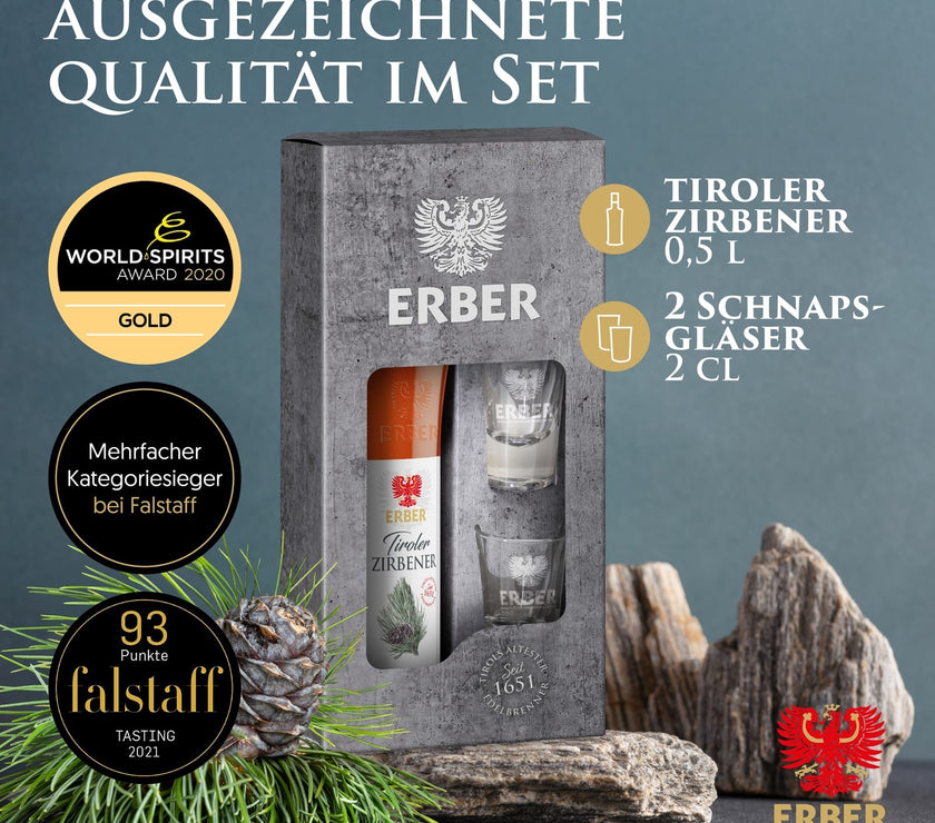 Geschenkset Tiroler Zirbener 30 % + 2 Gläser