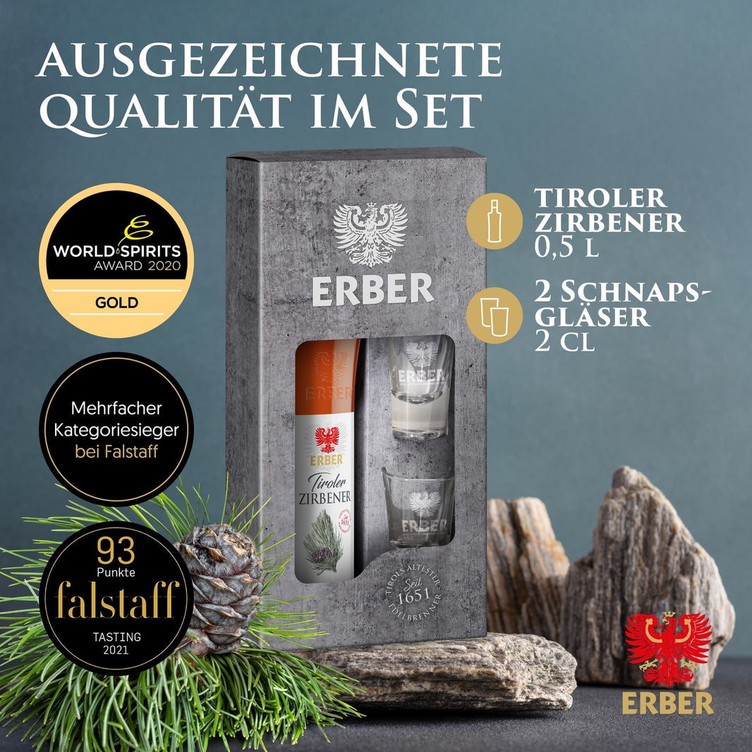 Geschenkset Tiroler Zirbener 30 % + 2 Gläser