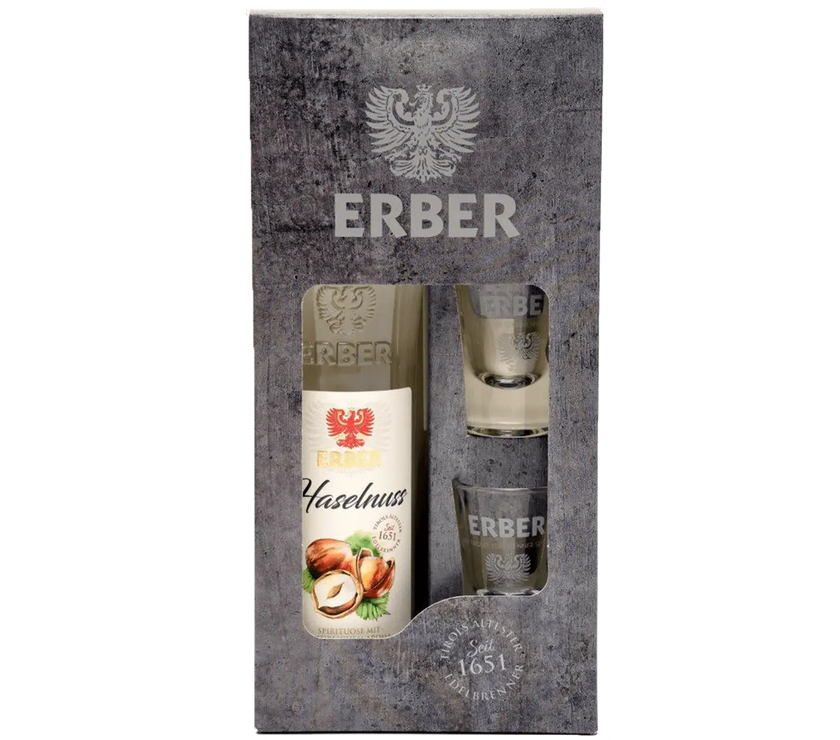 Geschenkset Haselnuss Spirituose 32% - 0,5 Liter + 2 Gläser